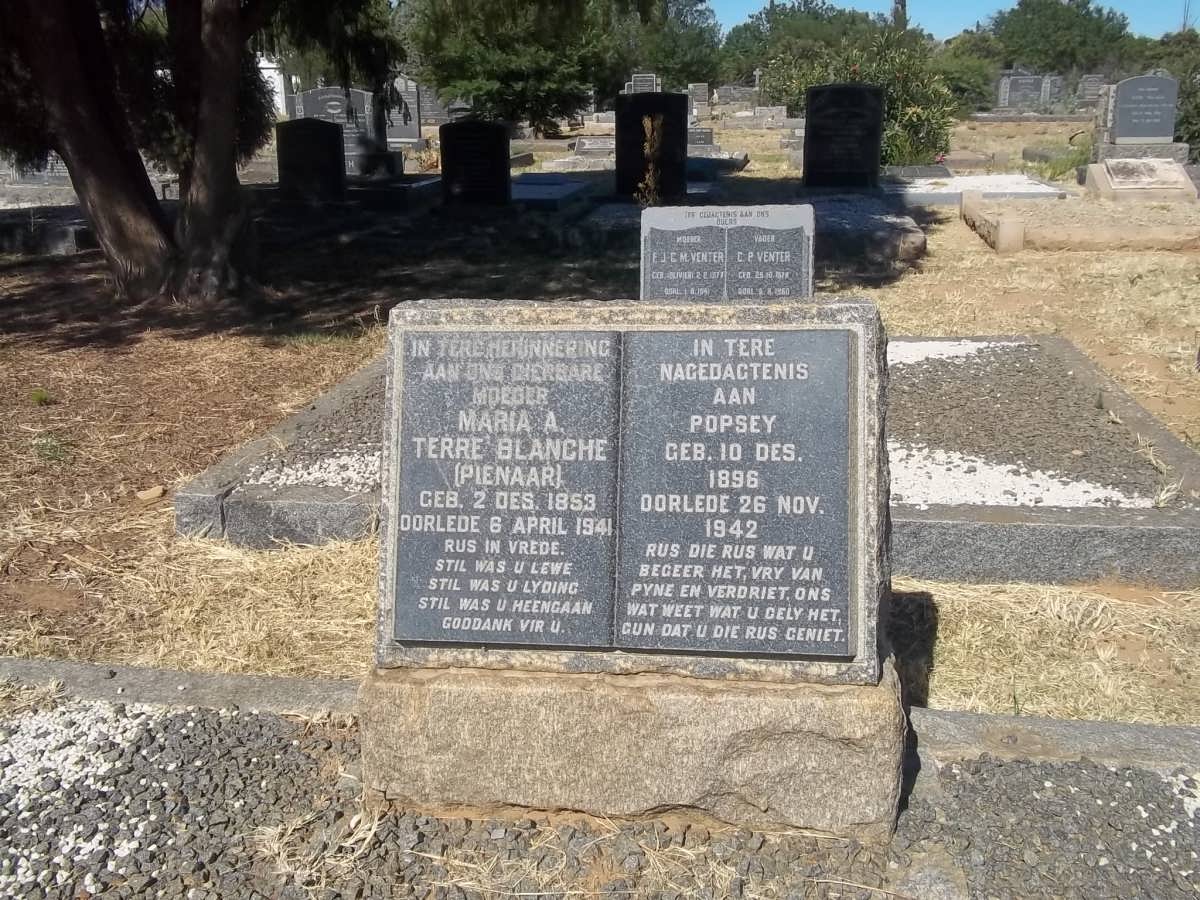 TERRE'BLANCHE Maria A. nee PIENAAR 1853-1941 :: TERRE'BLANCHE Popsey 1896-1942