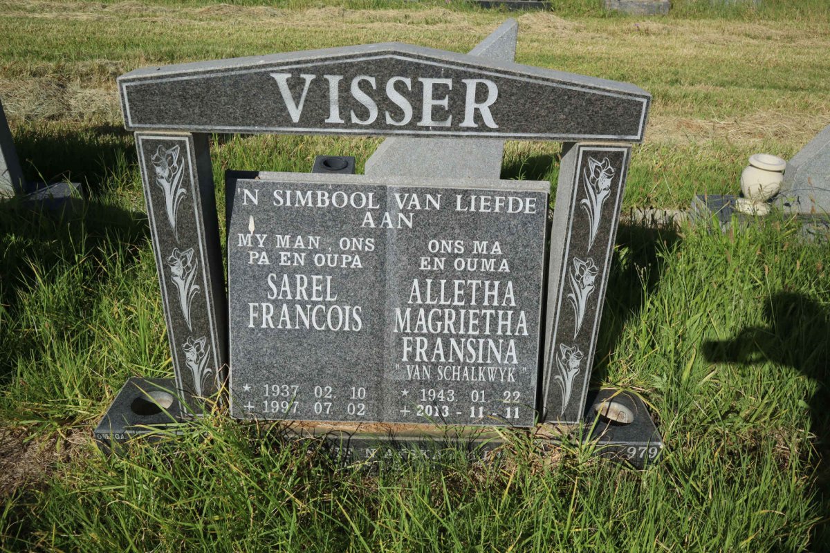 VISSER Sarel Francois 1937-1997 &amp; Alletha Magrietha Fransina VAN SCHALKWYK 1943-2013