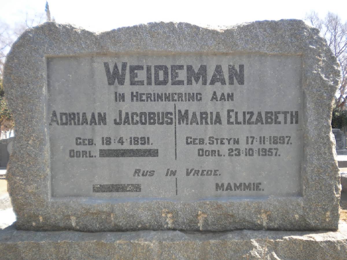 WEIDEMAN Adriaan Jacobus 1891 &amp; Maria Elizabeth STEYN 1897-1957