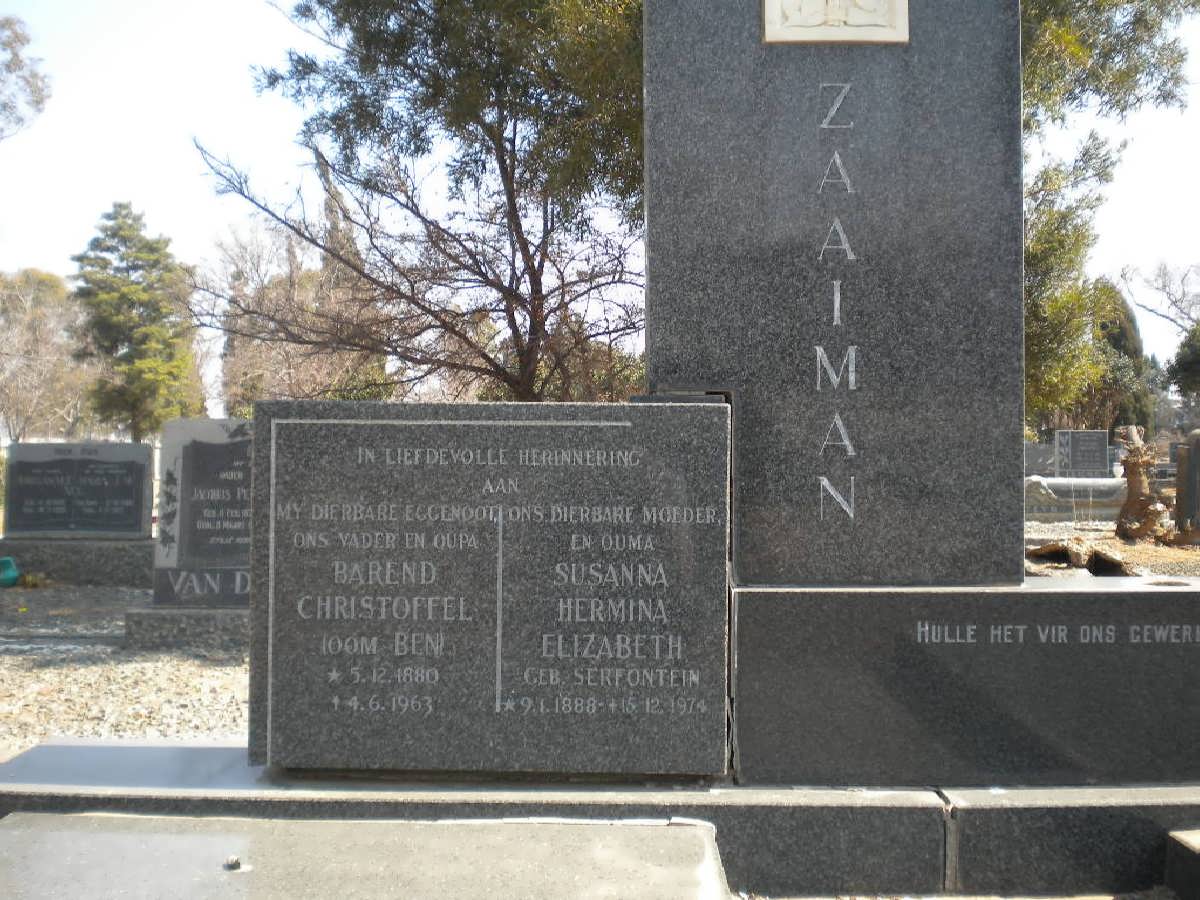 ZAAIMAN Barend Christoffel 1880-1963 &amp; Susanna Hermina Elizabeth SERFONTEIN 1888-1974