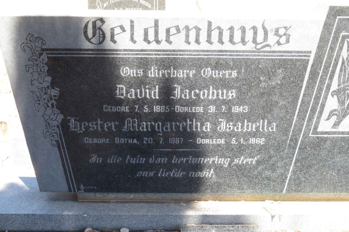 GELDENHUYS David Jacobus 1885-1943 &amp; Hester Margaretha Isabella BOTHA 1887-1962