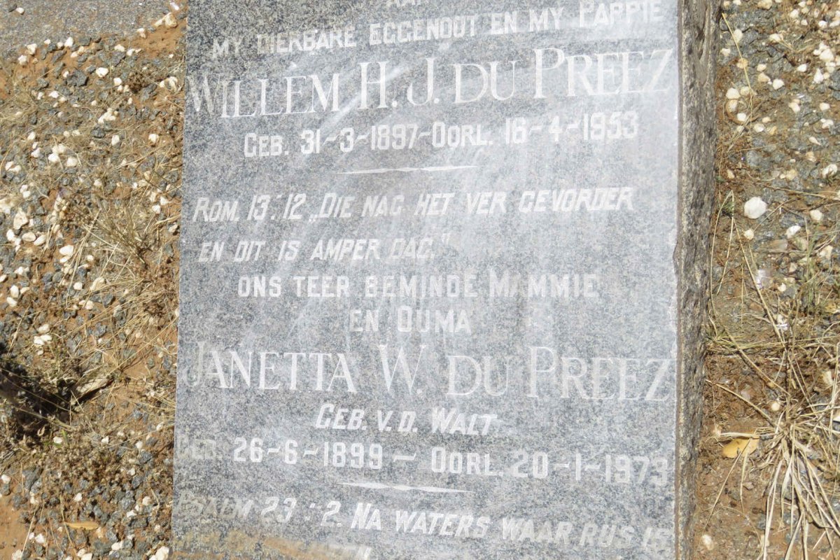PREEZ Willem H.J., du 1897-1953 &amp; Janetta W. V.D. WALT 1899-1973