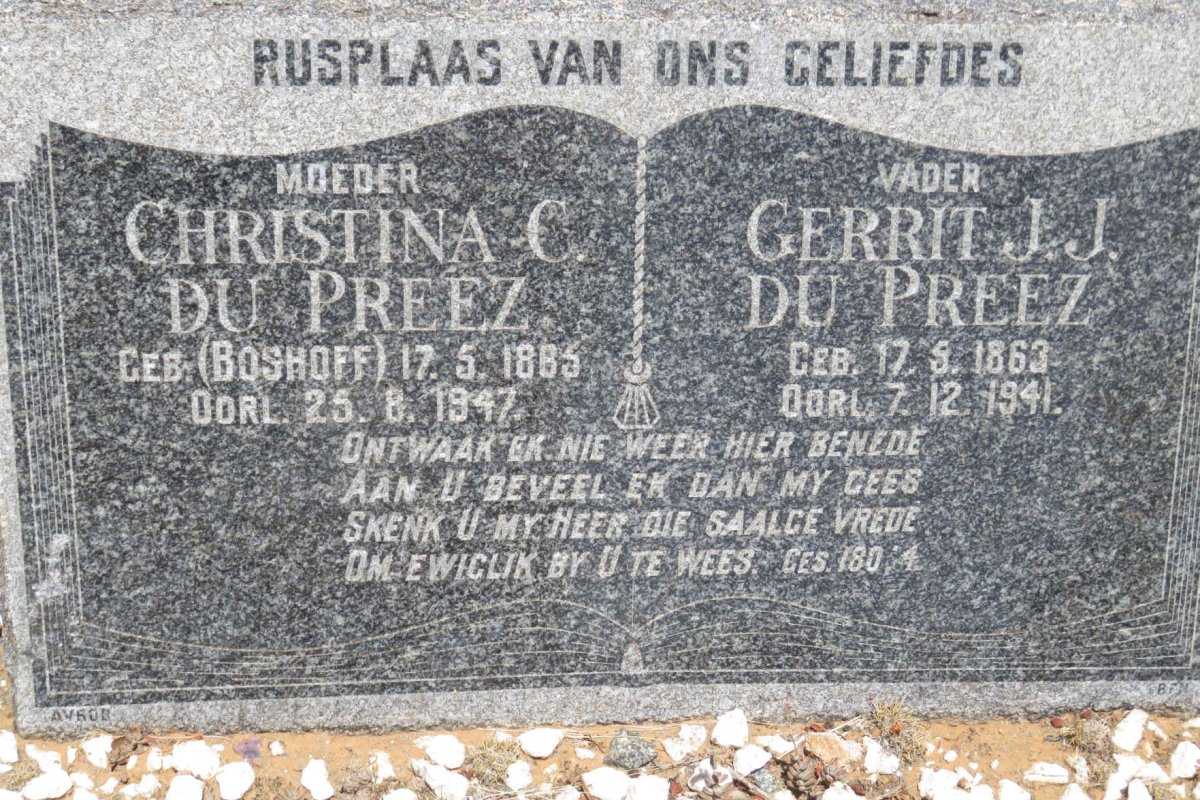 PREEZ Gerrit J.J., du 1863-1941 &amp; Christina C. BOSHOFF 1885-1947