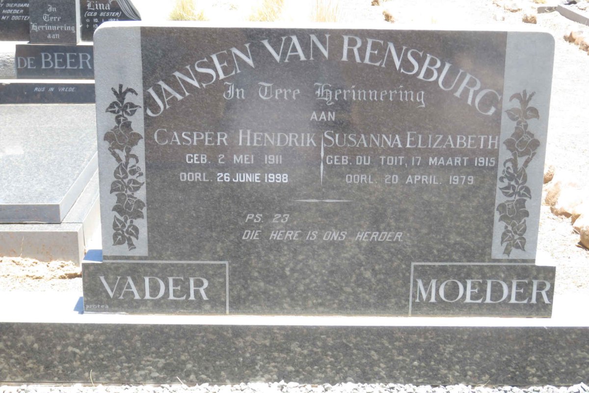 RENSBURG Casper Hendrik, Jansen van  1911-1998 &amp; Susanna Elizabeth DU TOIT 1915-1979