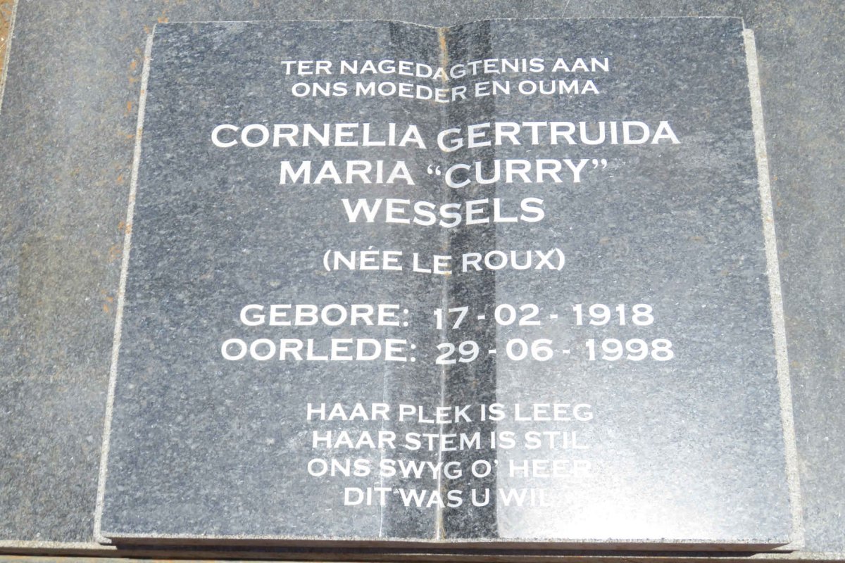 WESSELS Cornelia Gertruida Maria nee LE ROUX 1918-1998