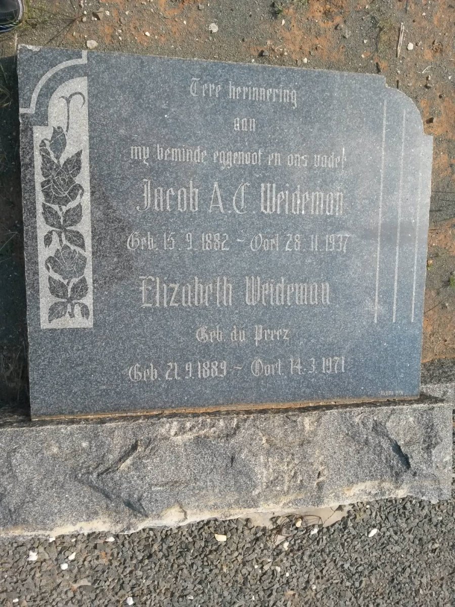 WEIDEMAN Jacob A.C. 1882-1937 &amp; Elizabeth DU PREEZ 1889-1971