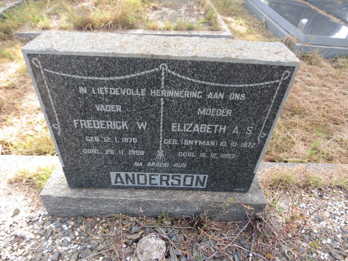 ANDERSON Frederick W. 1870-1958 & Elizabeth A.S. SNYMAN 1872-1957