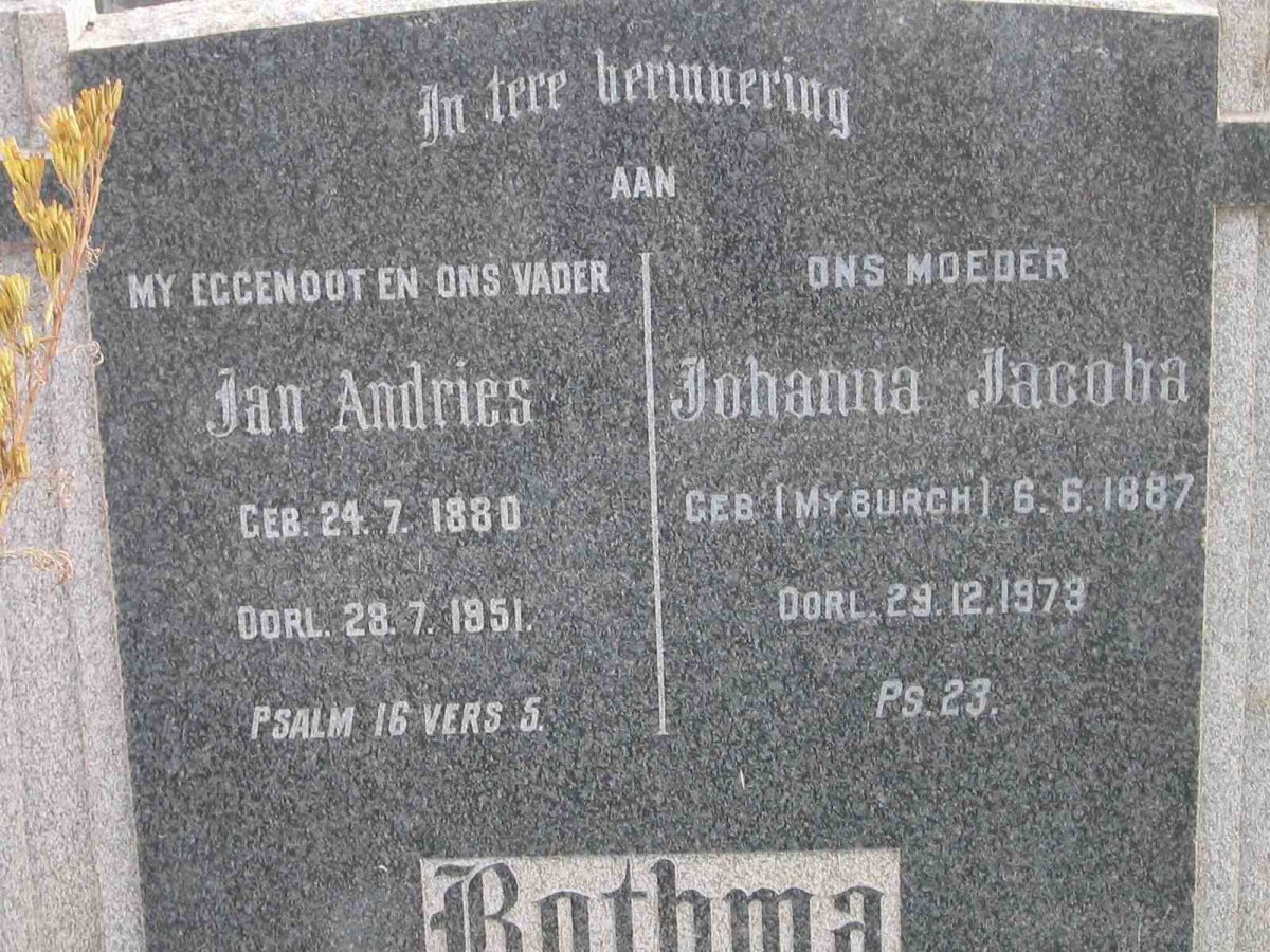 BOTHMA Jan Andries 1880-1951 &amp; Johanna Jacoba MYBURGH 1887-1973
