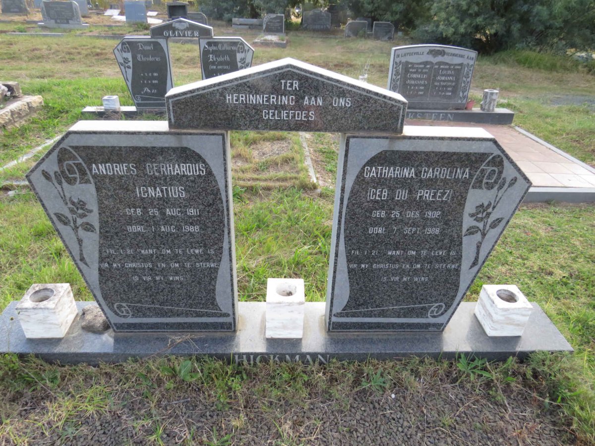 HICKMAN Andries Gerhardus Ignatius 1911-1988 & Catharina Carolina DU PREEZ 1902-1988