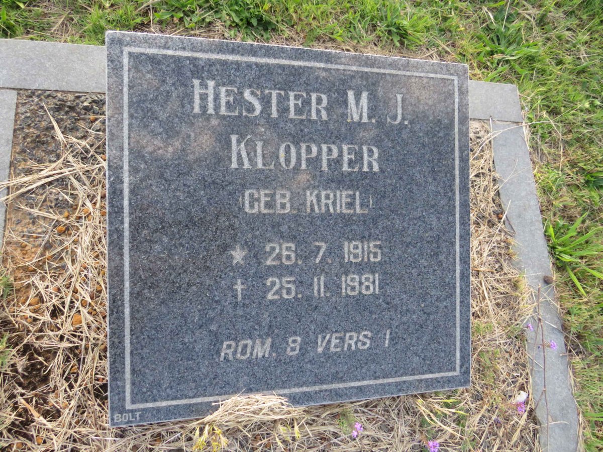 KLOPPER Hester M.J. nee KRIEL 1915-1981