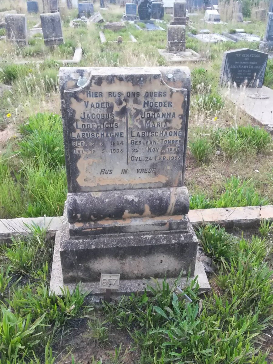 LABUSCHAGNE Jacobus Lodewicus 1884-1934 &amp; Johanna Maria VAN TONDER 188?-195?