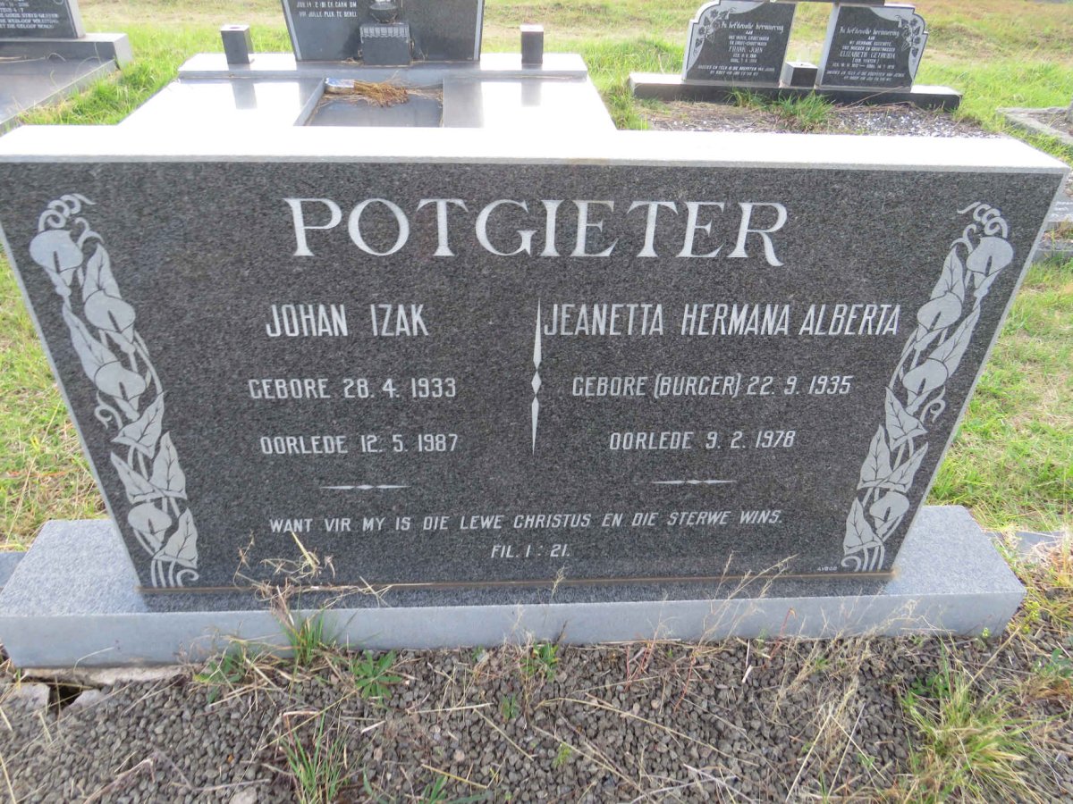 POTGIETER Johan Izak 1933-1987 & Jeanetta Hermana Alberta BURGER 1935-1978