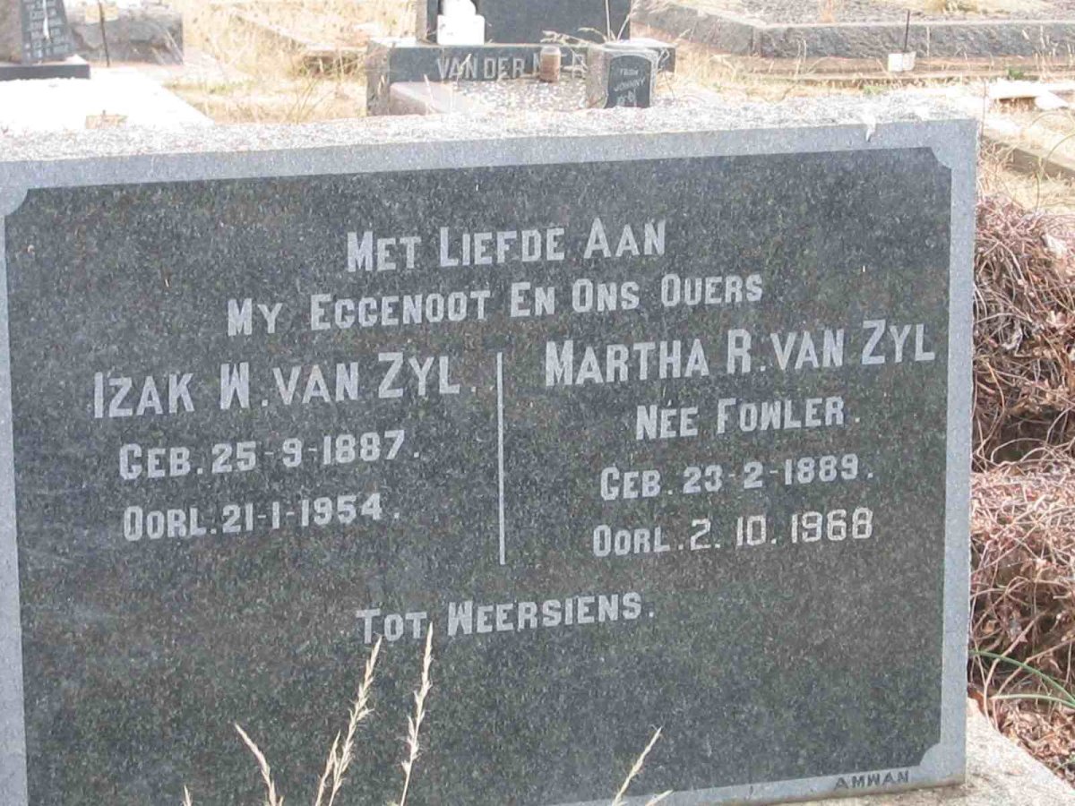 ZYL Izak W., van 1887-1954 &amp; Martha R. FOWLER 1889-1968