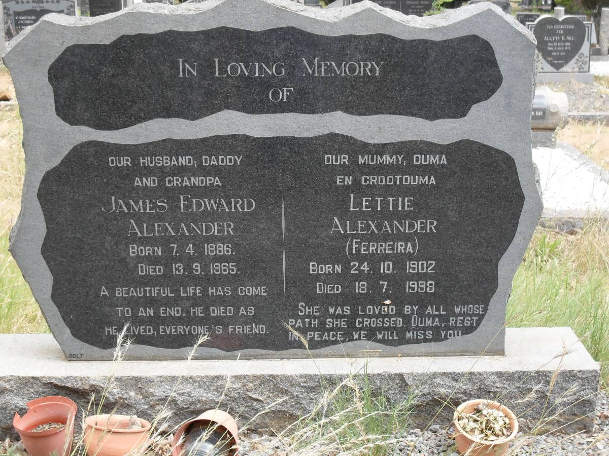 ALEXANDER James Edward 1886-1965 &amp; Lettie FERREIRA 1902-1998