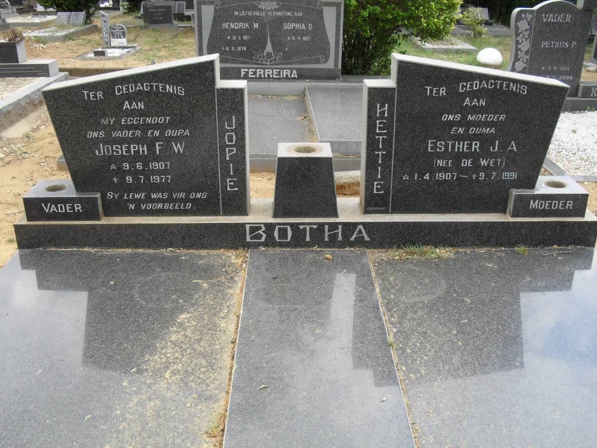 BOTHA Joseph F.W. 1907-1977 &amp; Esther J.A. DE WET 1907-1991