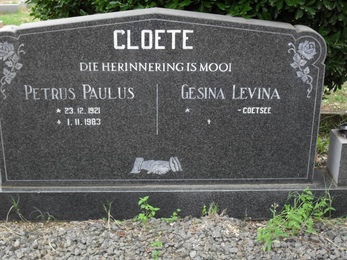 CLOETE Petrus Paulus 1921-1983 &amp; Gesina Levina COETSEE