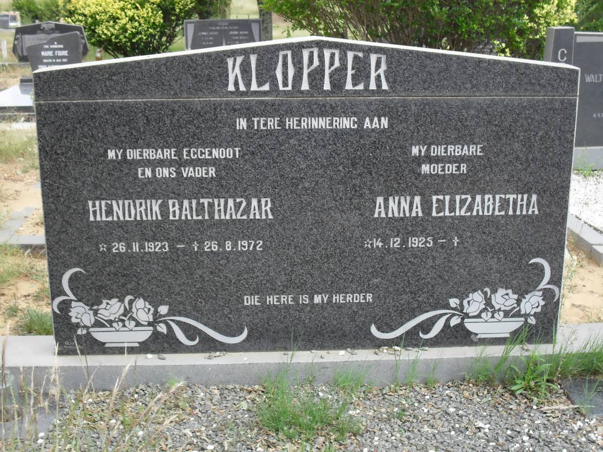 KLOPPER Hendrik Balthazar 1923-1972 &amp; Anna Elizabetha 1925-