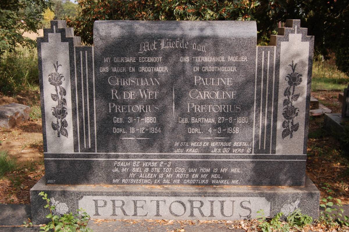 PRETORIUS Christiaan R. de Wet 1880-1954 &amp; Pauline Caroline BARTMAN 1880-1958