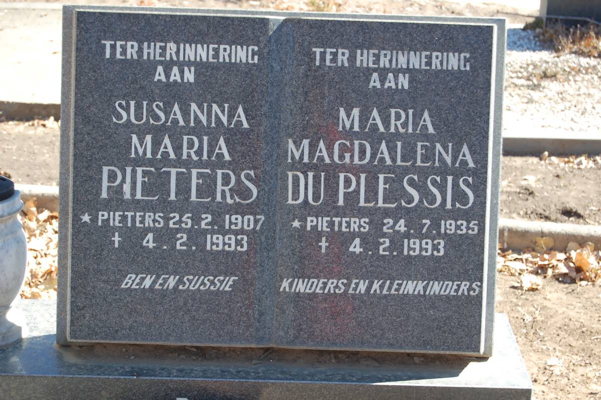 PIETERS Susanna Maria nee PIETERS 1907-1993 :: PLESSIS Maria Magdalena, du nee PIETERS 1935-1993