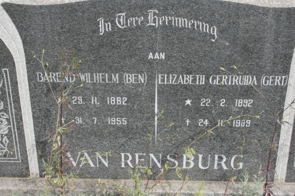 RENSBURG Barend Wilhelm, van 1882-1955 &amp; Elizabeth Gertruida 1892-1989 