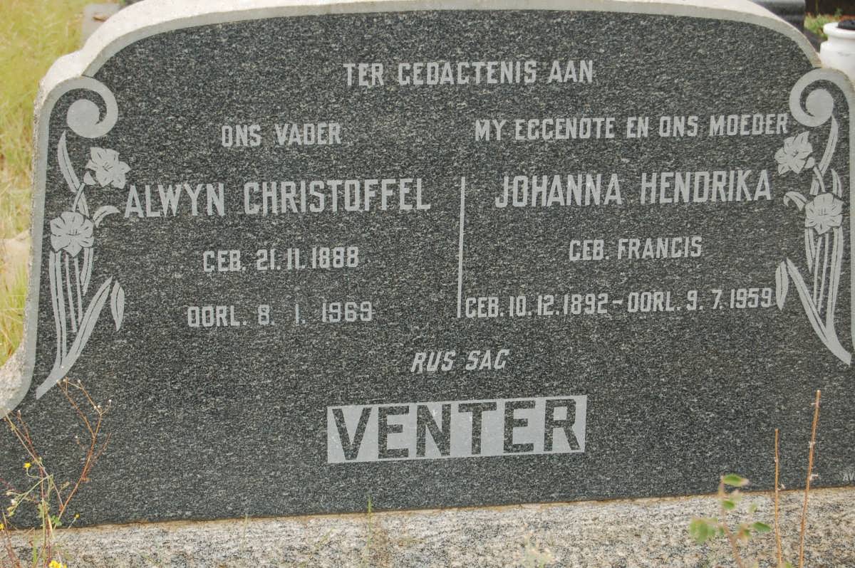 VENTER Alwyn Christoffel 1888-1969 &amp; Johanna Hendrika FRANCIS 1892-1959