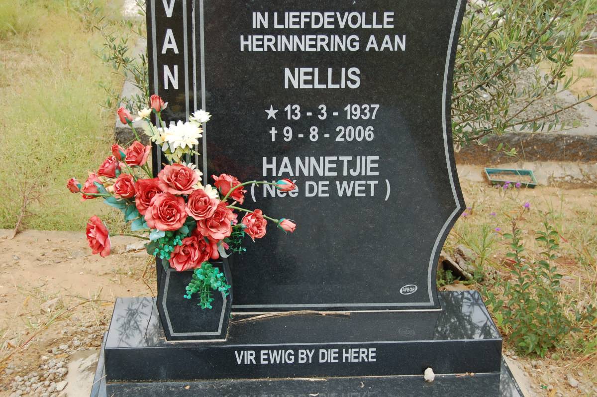 W? Nellis, van 1937-2006 &amp; Hannetjie DE WET