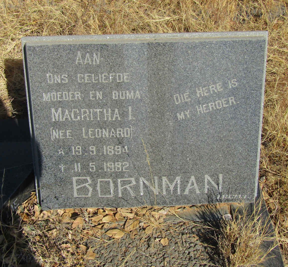 BORNMAN Magritha I. nee LEONARD 1894-1982