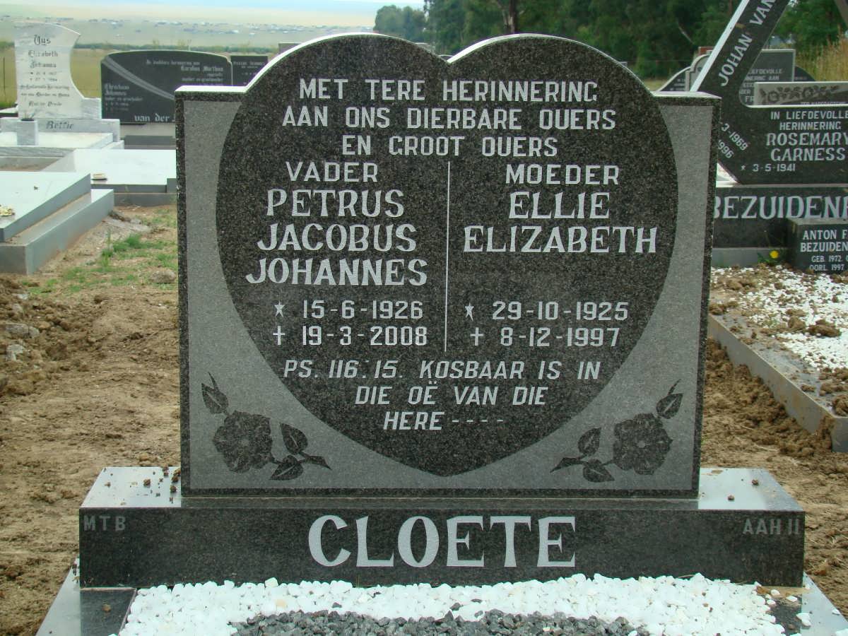 CLOETE Petrus Jacobus Johannes 1926-2008 &amp; Ellie Elizabeth 1925-1997