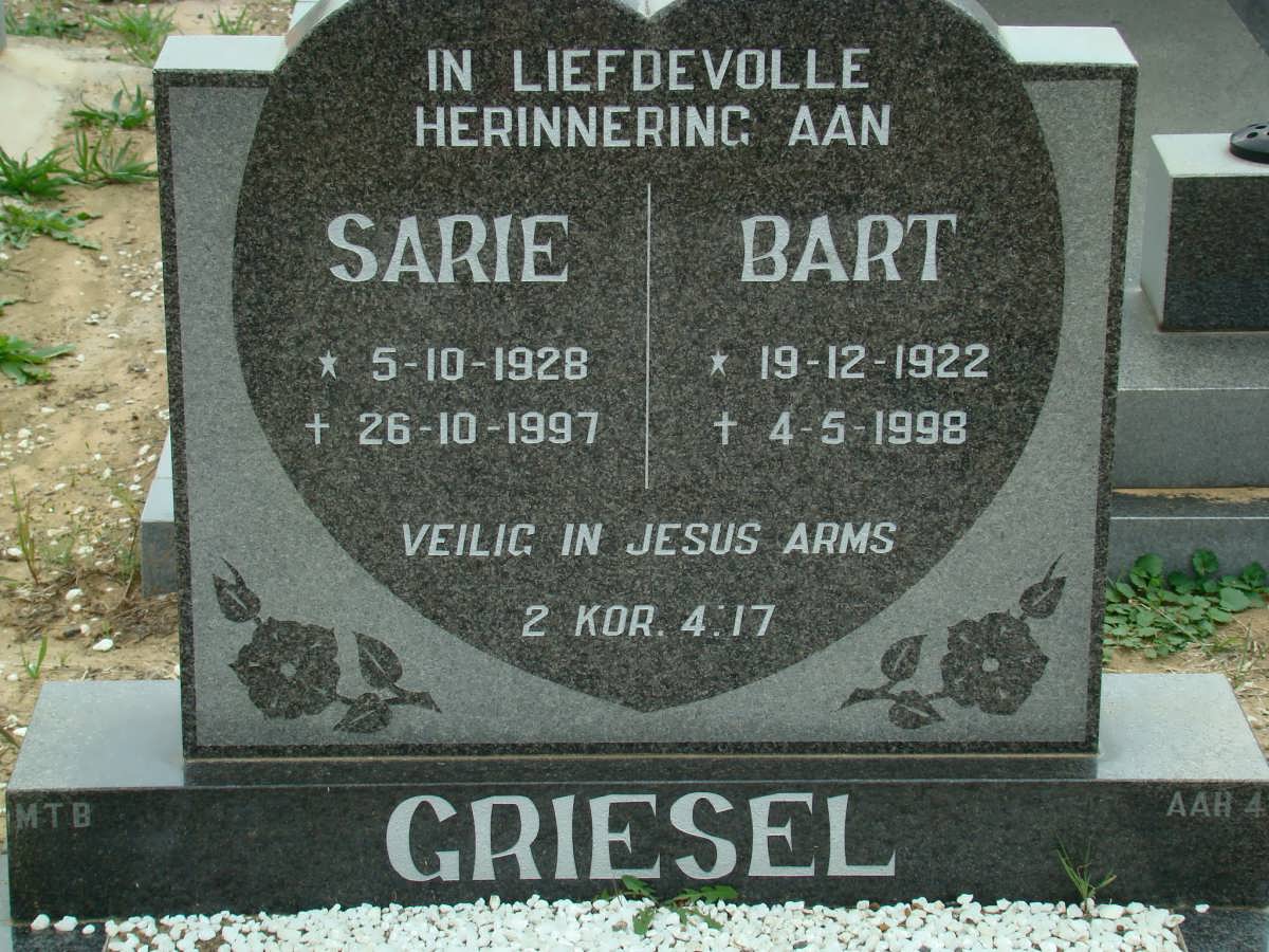 GRIESEL Bart 1922-1998 &amp; Sarie 1928-1997