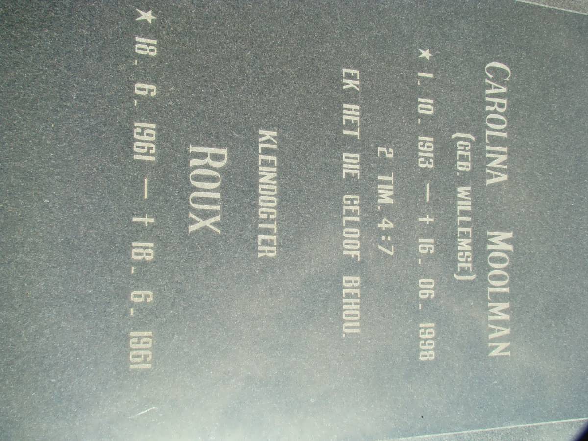 MOOLMAN Carolina nee WILLEMSE 1913-1998 :: ROUX Granddaughter 1961-1961