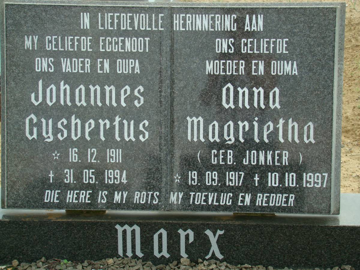 MARX Johannes Gysbertus 1911-1994 &amp; Anna Magrietha JONKER 1917-1997