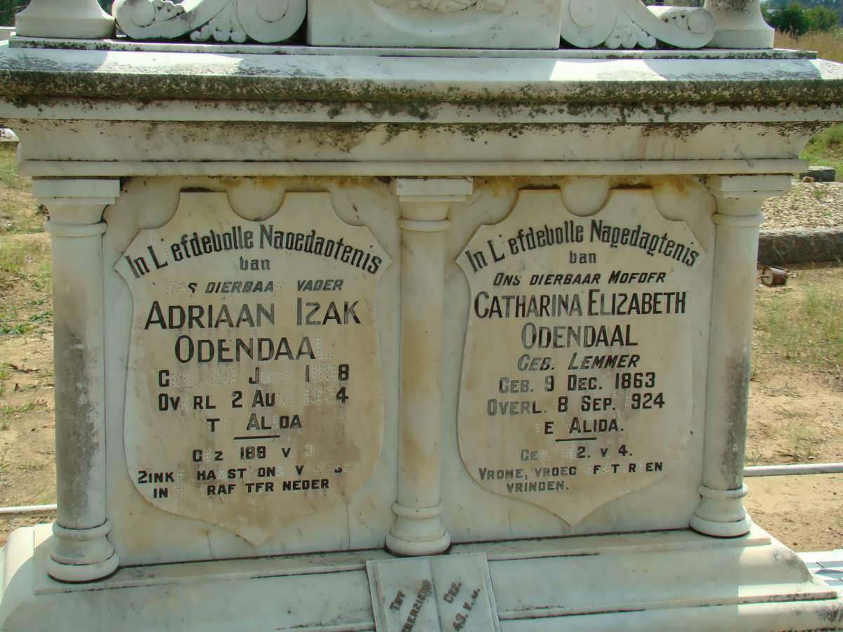 ODENDAAL Adriaan Izak 1??8-1924 &amp; Catharina Elizabeth LEMMER 1863-1924