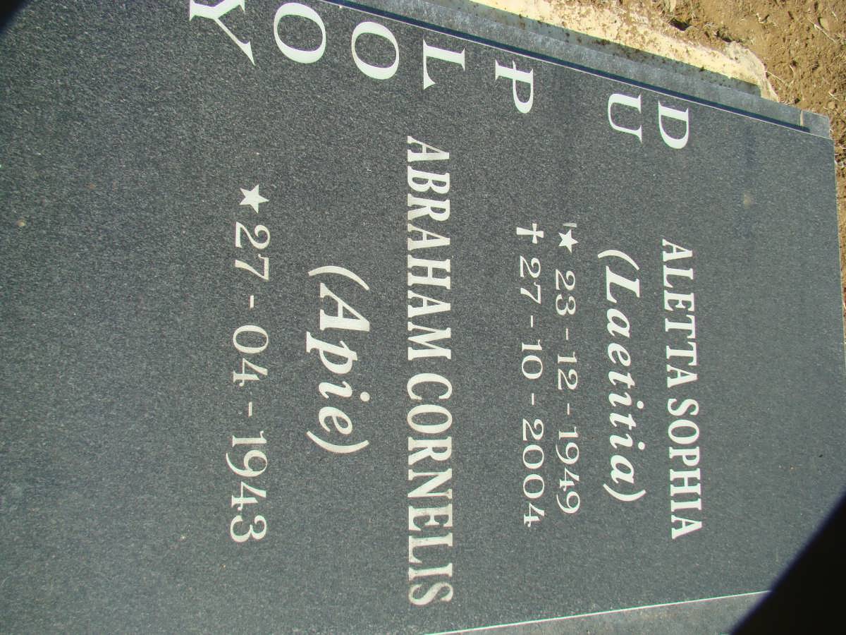 PLOOY Abraham Cornelis, du 1943- &amp; Aletta Sophia 1949-2004