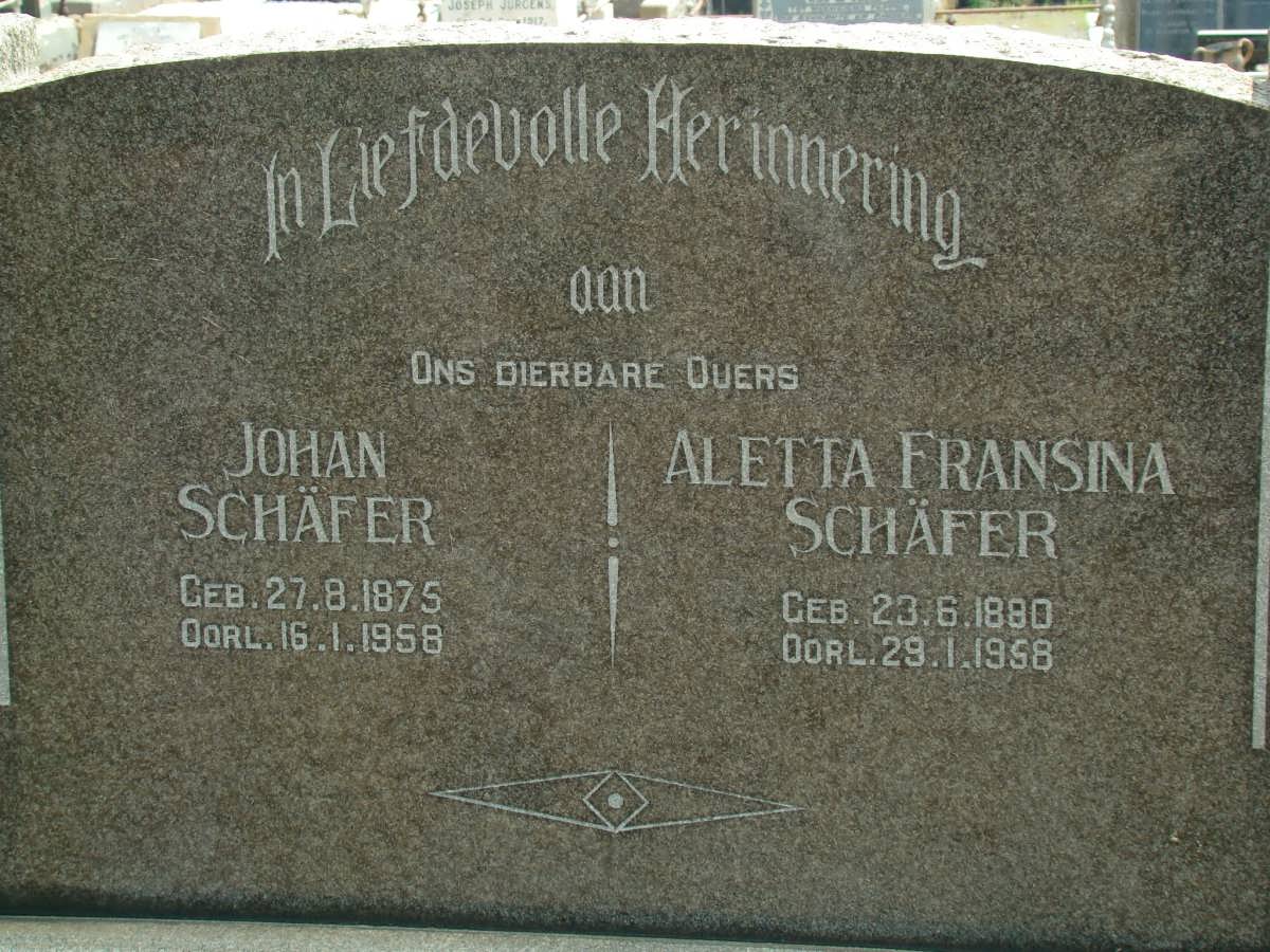 SCHAFER Johan 1875-1958 &amp; Aletta Fransina 1880-1958