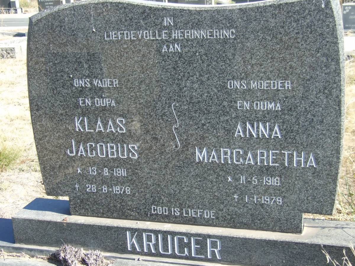 KRUGER Klaas Jacobus 1911-1978 &amp; Anna Margaretha 1918-1979
