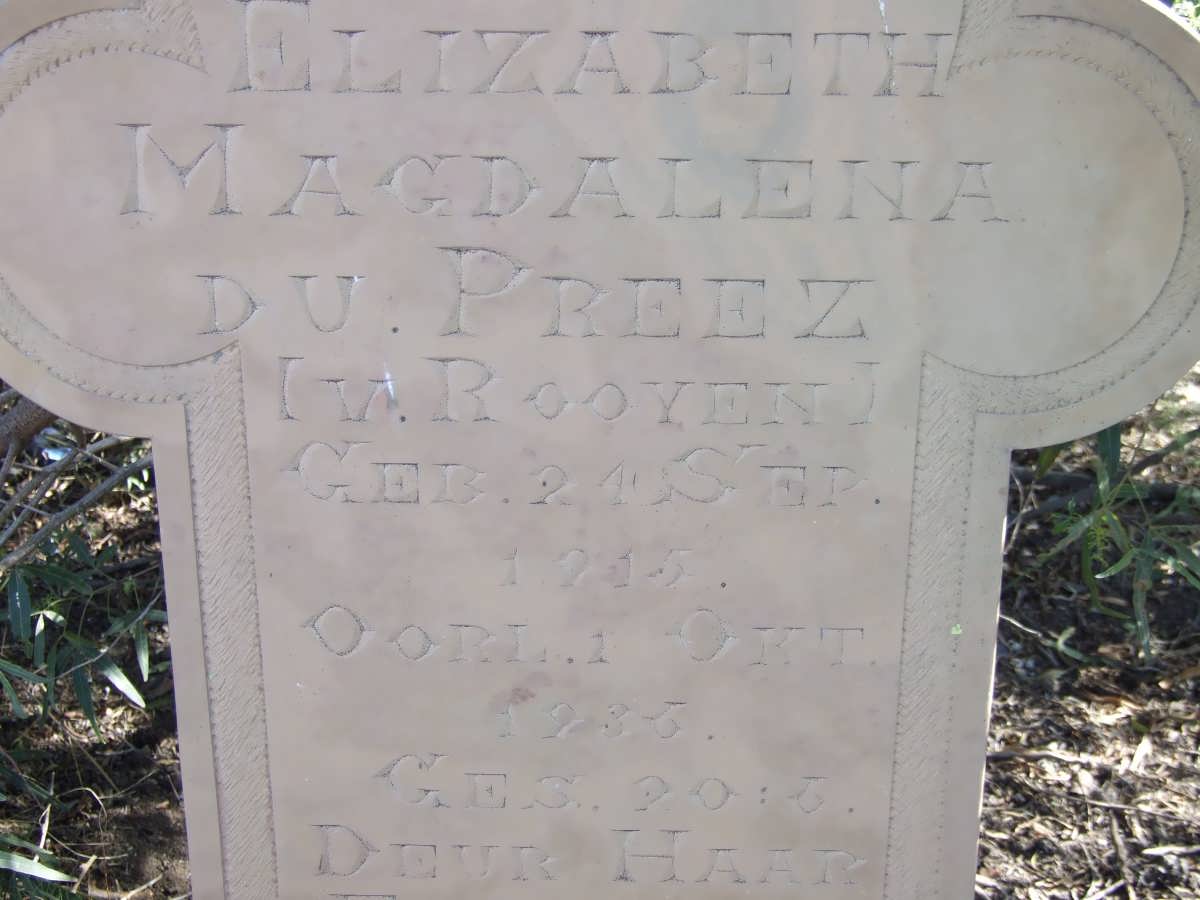 PREEZ Elizabeth Magdalena, du nee van ROOYEN 1915-1935