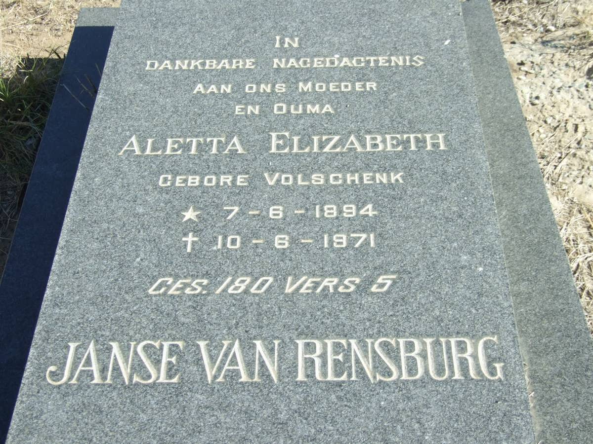 RENSBURG Jacobus Theodorus, Janse van 1891-1970 &amp; Aletta Elizabeth VOLSCHENK 1894-1971
