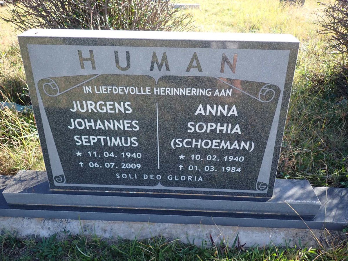 HUMAN Jurgens Johannes Septimus 1940-2009 & Anna Sophia SCHOEMAN 1940-1984