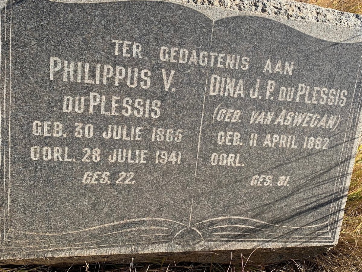 PLESSIS Philippus V., du 1865-1941 &amp; Dina J.P. VAN ASWEGAN 1882-