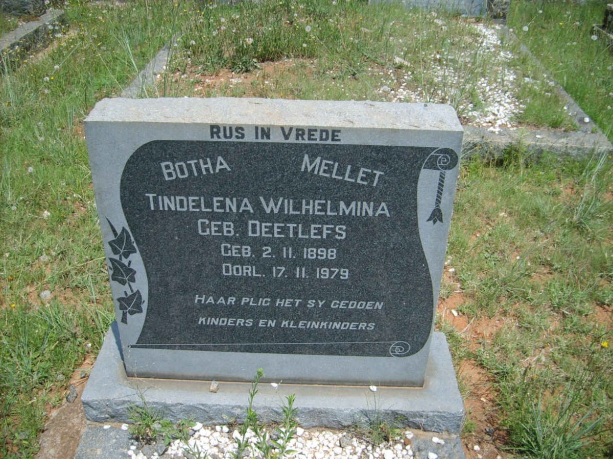 BOTHA Tindelena Wilhelmina previously MELLET nee DEETLEFS 1898-1979