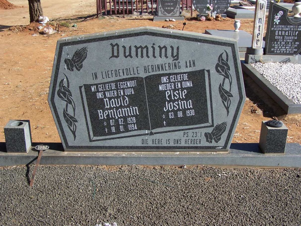 DUMINY David Benjamin 1928-1994 &amp; Elsie Josina CILLIERS 1930-