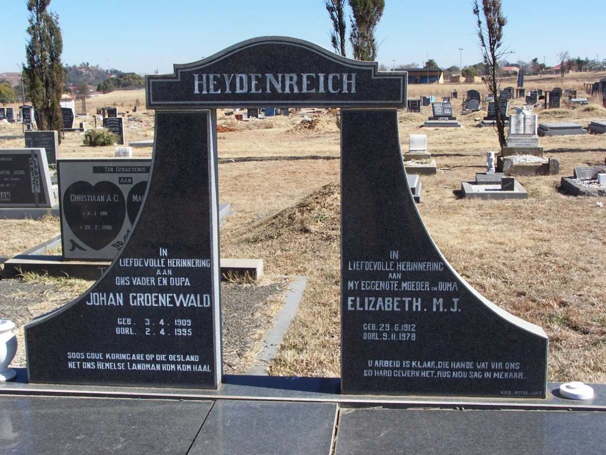 HEYDENREICH Johann Groenewald 1909-1995 &amp;  Elizabeth M.J. 1912-1978