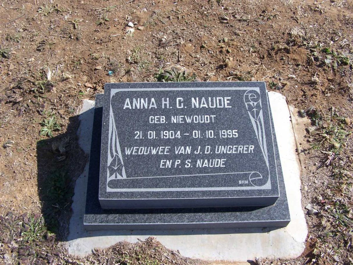 NAUDE Anna H.G., formerly UNGERER,  nee NIEUWOUDT 1904-1995