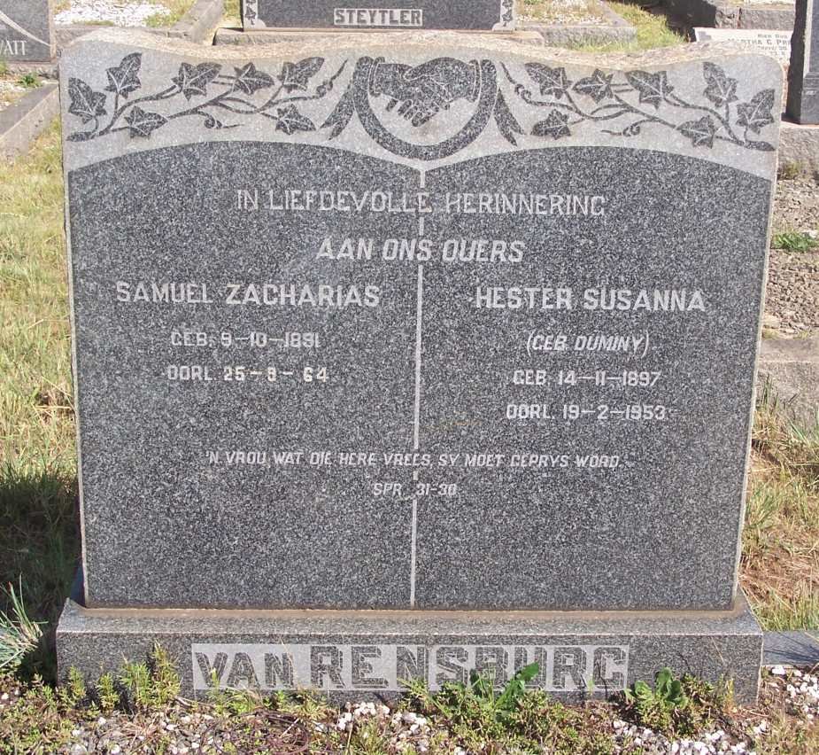 RENSBURG Samuel Zacharias, van 1891-1964 &amp; Hester Susanna DUMINY 1897-1953