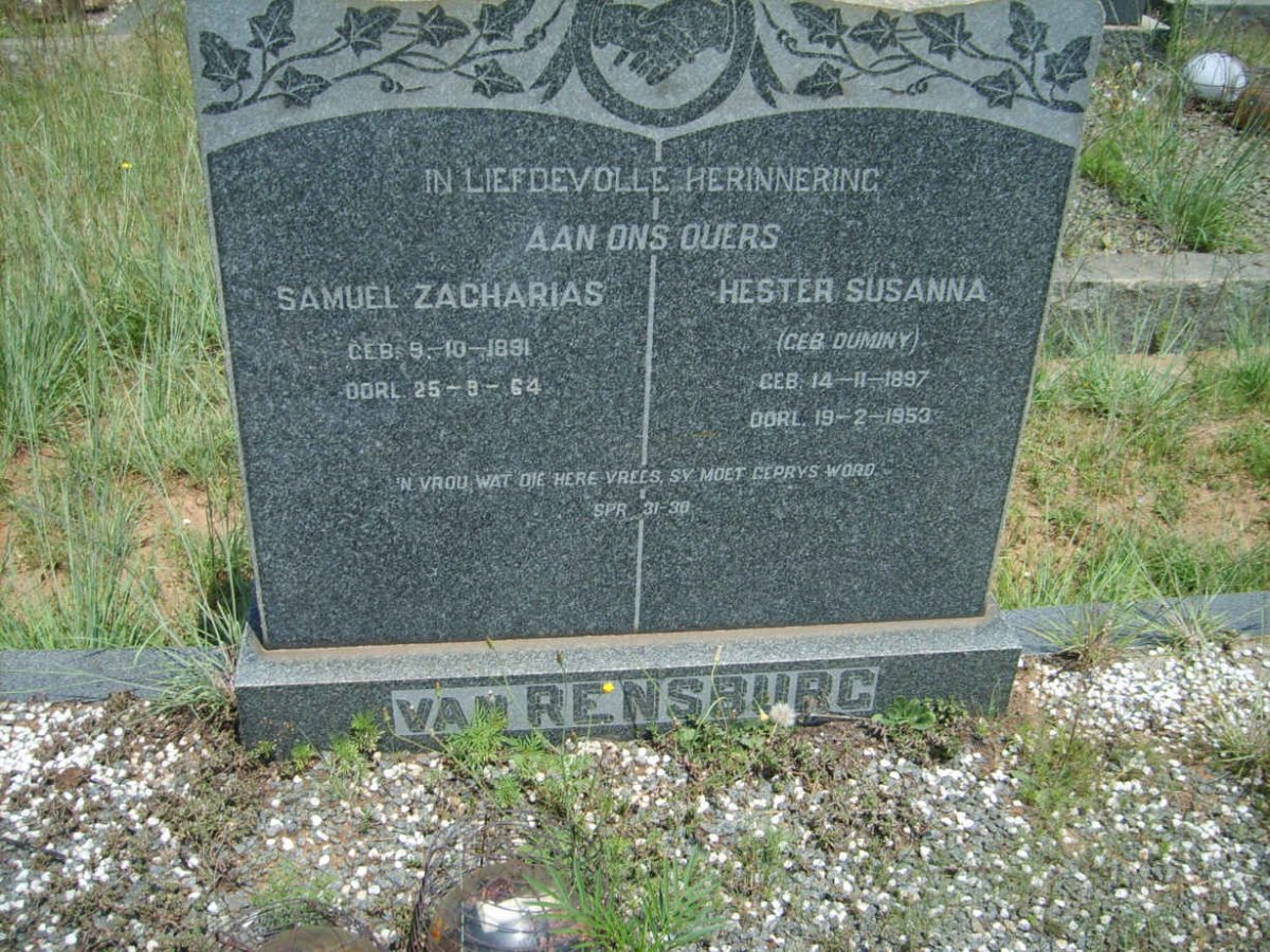 RENSBURG Samuel Zacharias, van 1891-1964 &amp; Hester Susanna DUMINY 1897-1953