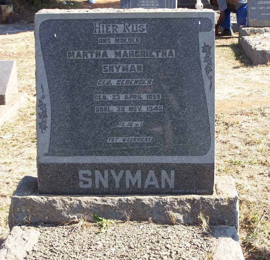 SNYMAN Martha Margrieta nee GERENGER 1859-1946