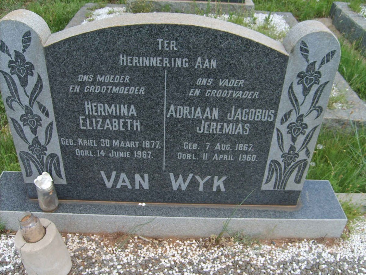 WYK Adriaan Jacobus Jeremias, van 1867-1960 &amp; Hermina Elizabeth KRIEL 1877-1967