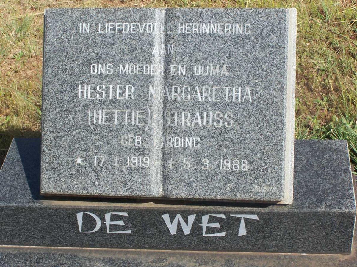 WET Hester Margaretha, de, formerly STRAUSS, nee HARDING  1919-1988