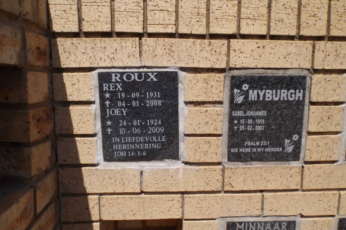 ROUX Rex 1931-2008 &amp; Joey 1924-2009 :: MYBURGH Sarel Johannes 1919-2003