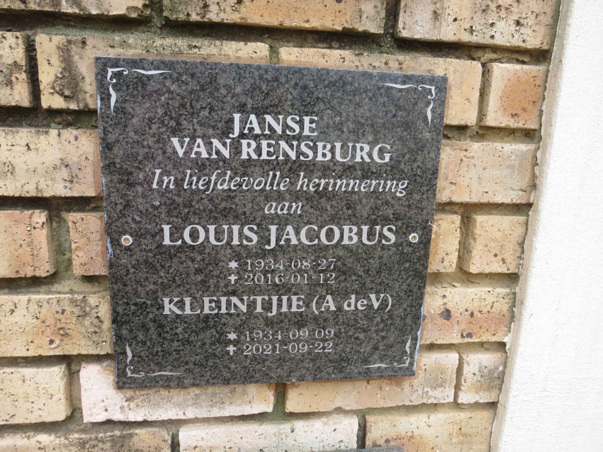 RENSBURG Louis Jacobus, Janse van 1934-2016 & A . DE V. 1934-2021